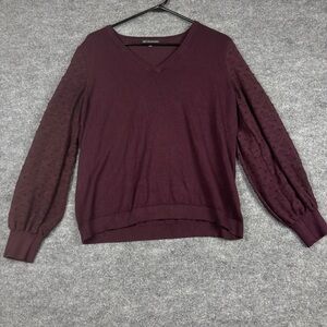 Adrianna Papell Plum V Neck Sheer Sleeve Sweater L